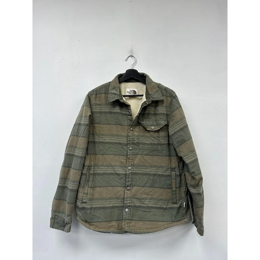 The North Face Jacket Mens Medium Green Striped Sherpa‎ Lined Flannel Shacket